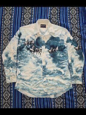 Vtg 90s Wrangler Western Button Down Shirt Cloud Horses Print Size Large